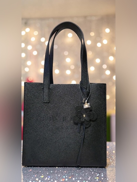 Ted Baker Handbags - Ted Baker The Icon Black Tote Bag Flower Charm Embossed Logo Double
Handles NWT